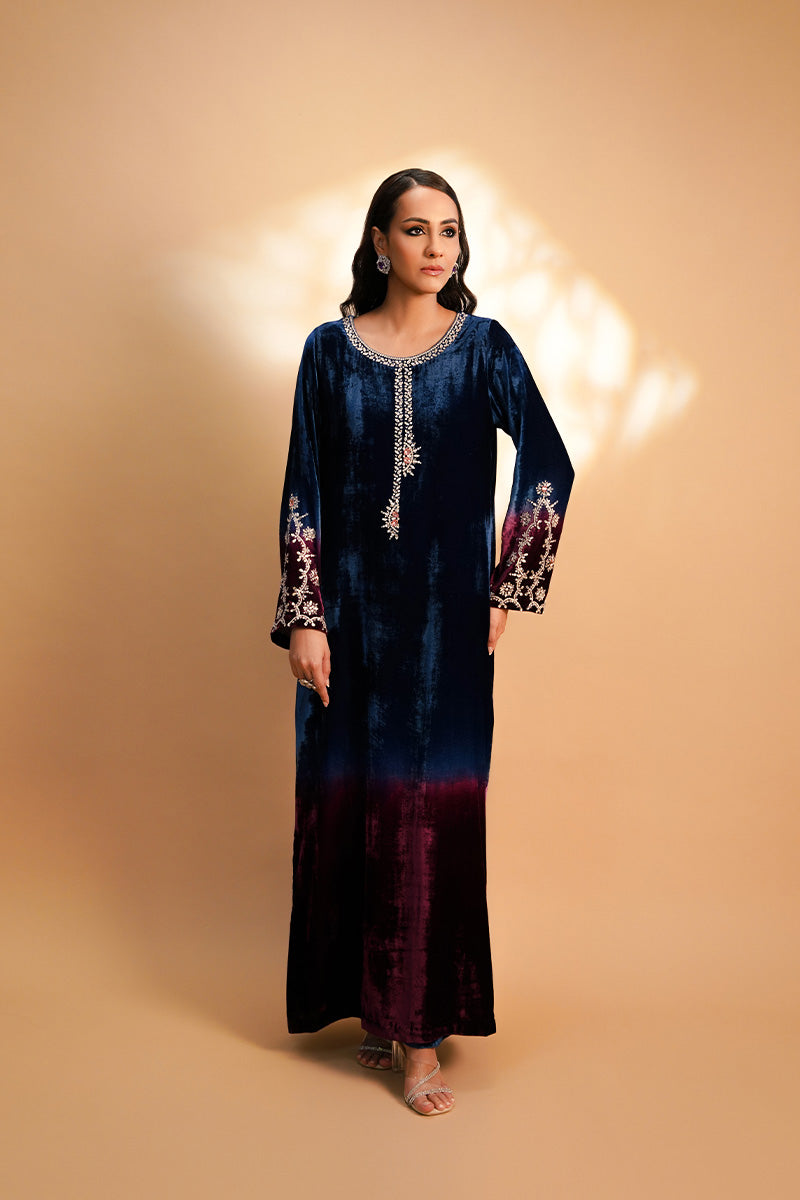 Deep Blue Plum Embellished Velvet Kurta (3-Piece) - Image 3
