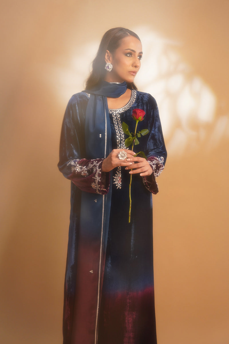 Deep Blue Plum Embellished Velvet Kurta (3-Piece) - Image 8