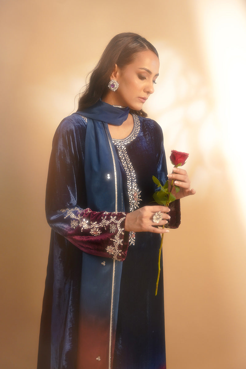Deep Blue Plum Embellished Velvet Kurta (3-Piece) - Image 9