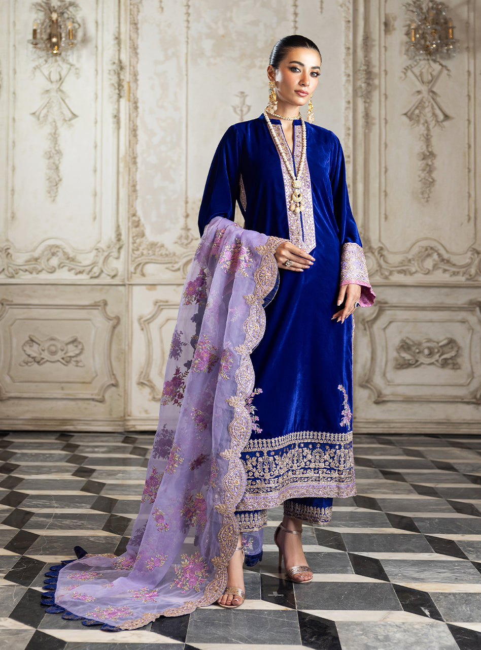 Electric Blue Velvet Embroidered Salwar Kameez (3-Piece) - Image 1