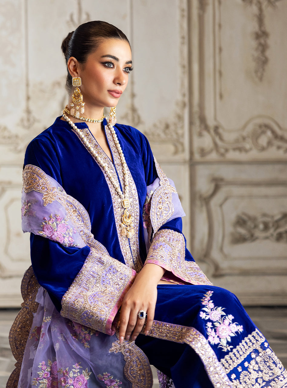 Electric Blue Velvet Embroidered Salwar Kameez (3-Piece) - Image 2