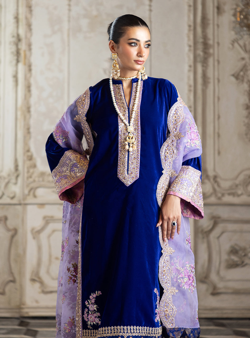 Electric Blue Velvet Embroidered Salwar Kameez (3-Piece) - Image 3