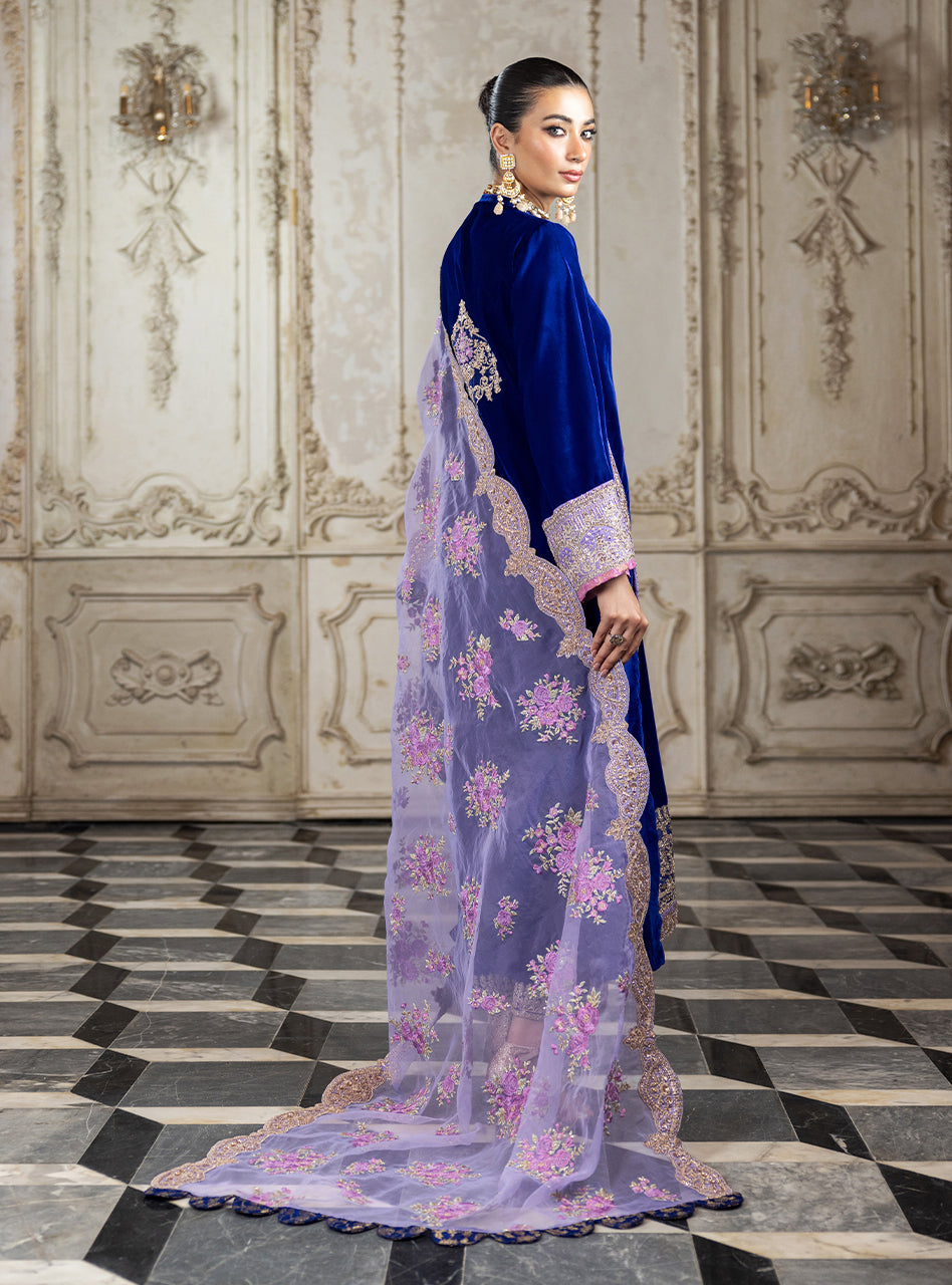 Electric Blue Velvet Embroidered Salwar Kameez (3-Piece) - Image 5