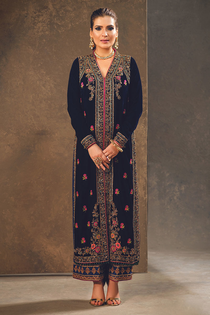 Opal Blue Embroidered Velvet Long Jacket (2-Piece) - Image 1