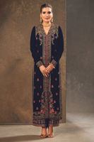 Opal Blue Embroidered Velvet Long Jacket (2-Piece) - Image 2