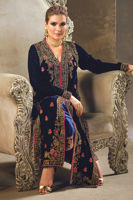 Opal Blue Embroidered Velvet Long Jacket (2-Piece) - Image 3