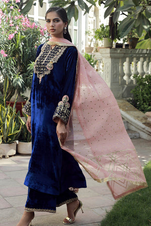 Pakistani Midnight Blue Embellished Velvet Salwar Kameez (3-Piece) - Image 1
