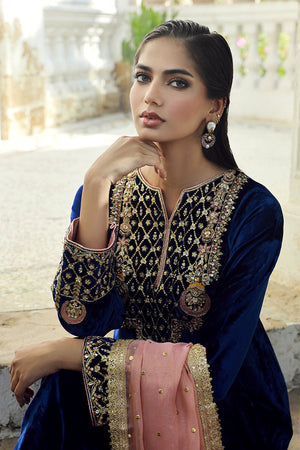 Pakistani Midnight Blue Embellished Velvet Salwar Kameez (3-Piece) - Image 6