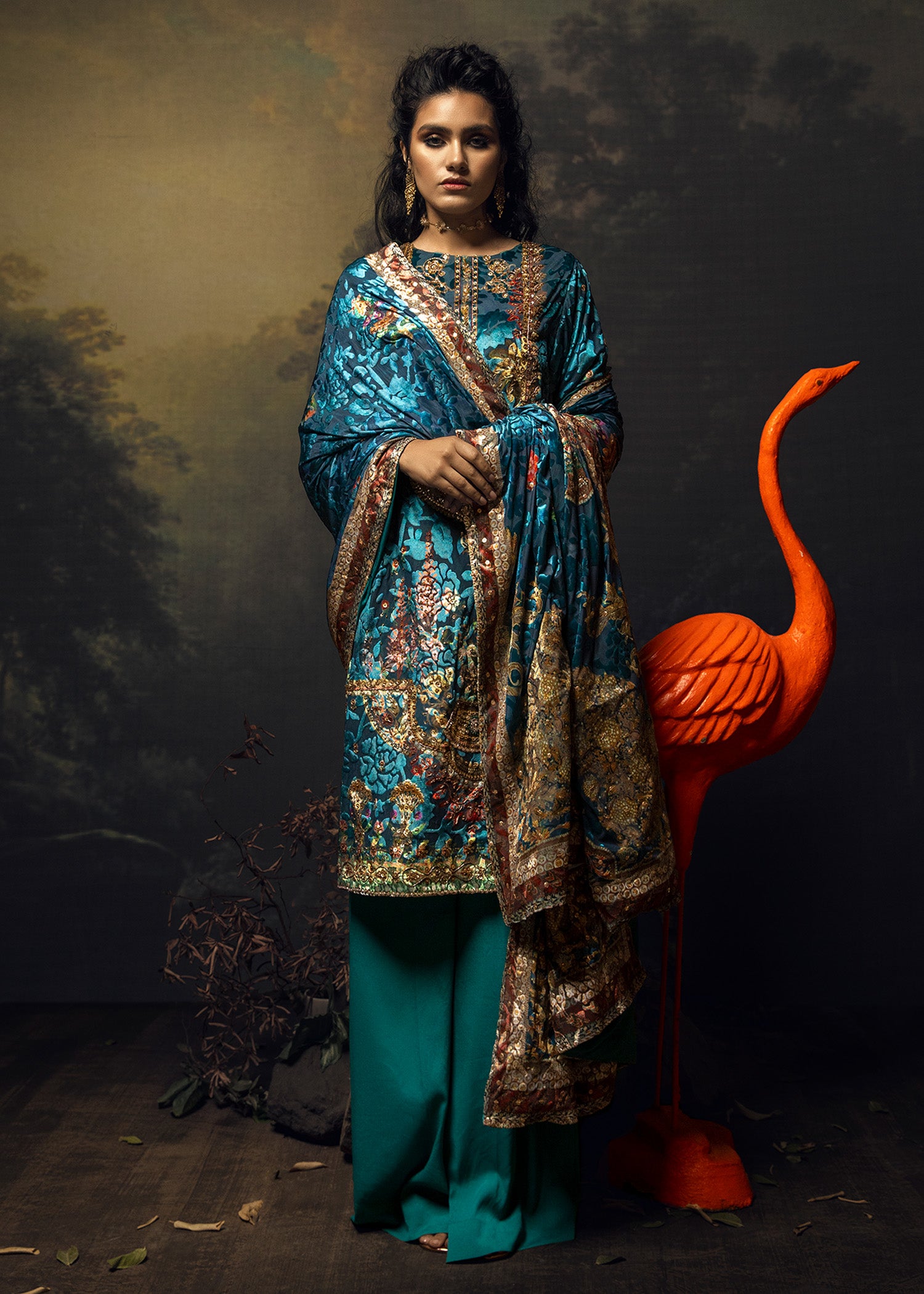 Pakistani Ocean Blue Zardozi Velvet Salwar Kameez (3-Piece) - Image 1