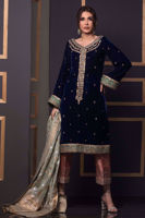 Pakistani Deep Blue Zardozi Velvet Salwar Kameez (3-Piece) - Image 2