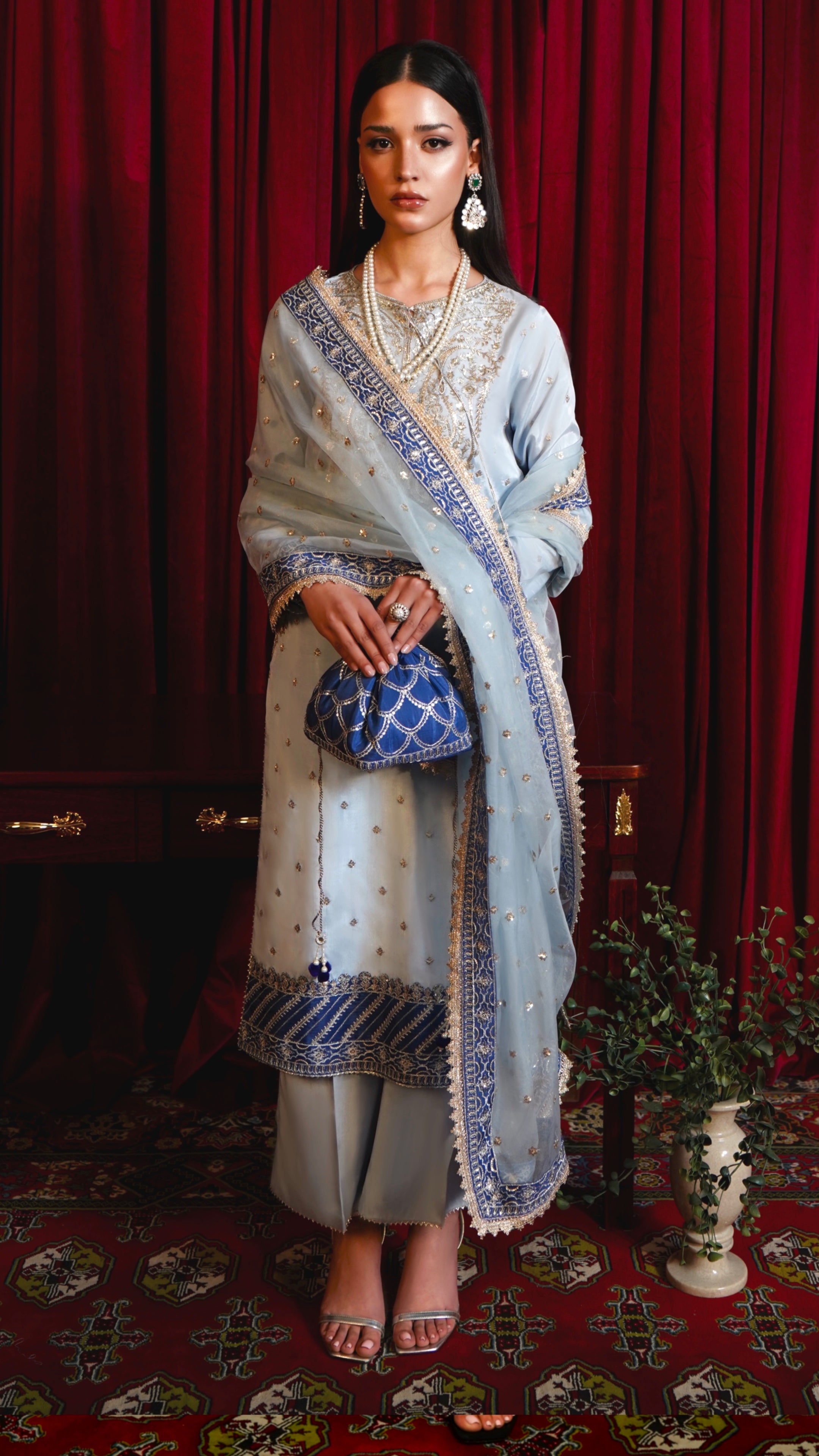 Ice Blue Embroidered Viscose Silk Culotte Set (3-Piece) - Image 1