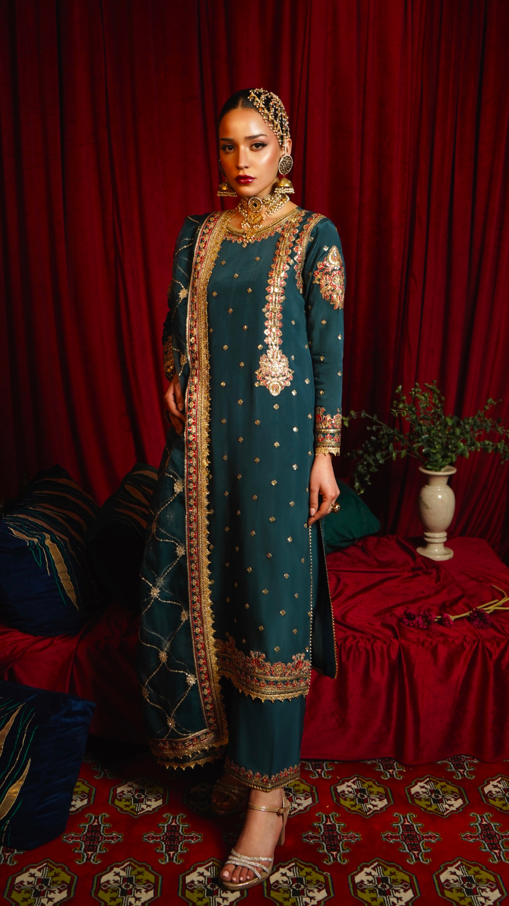 Teal Blue Embroidered Viscose Silk Salwar Kameez (3-Piece) - Image 1