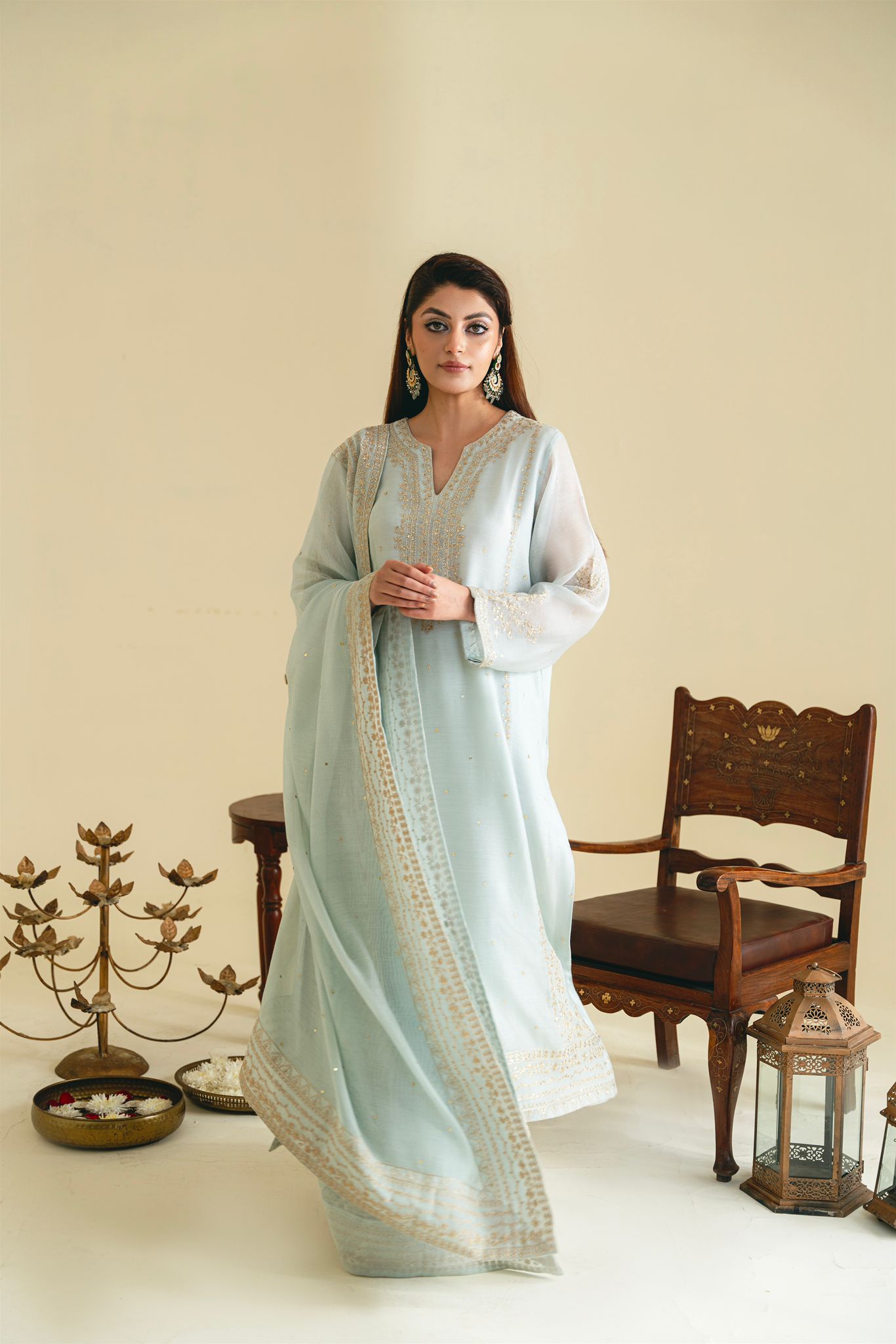 Pastel Blue Zari Embroidered Kameez Set (3-Piece) - Image 1