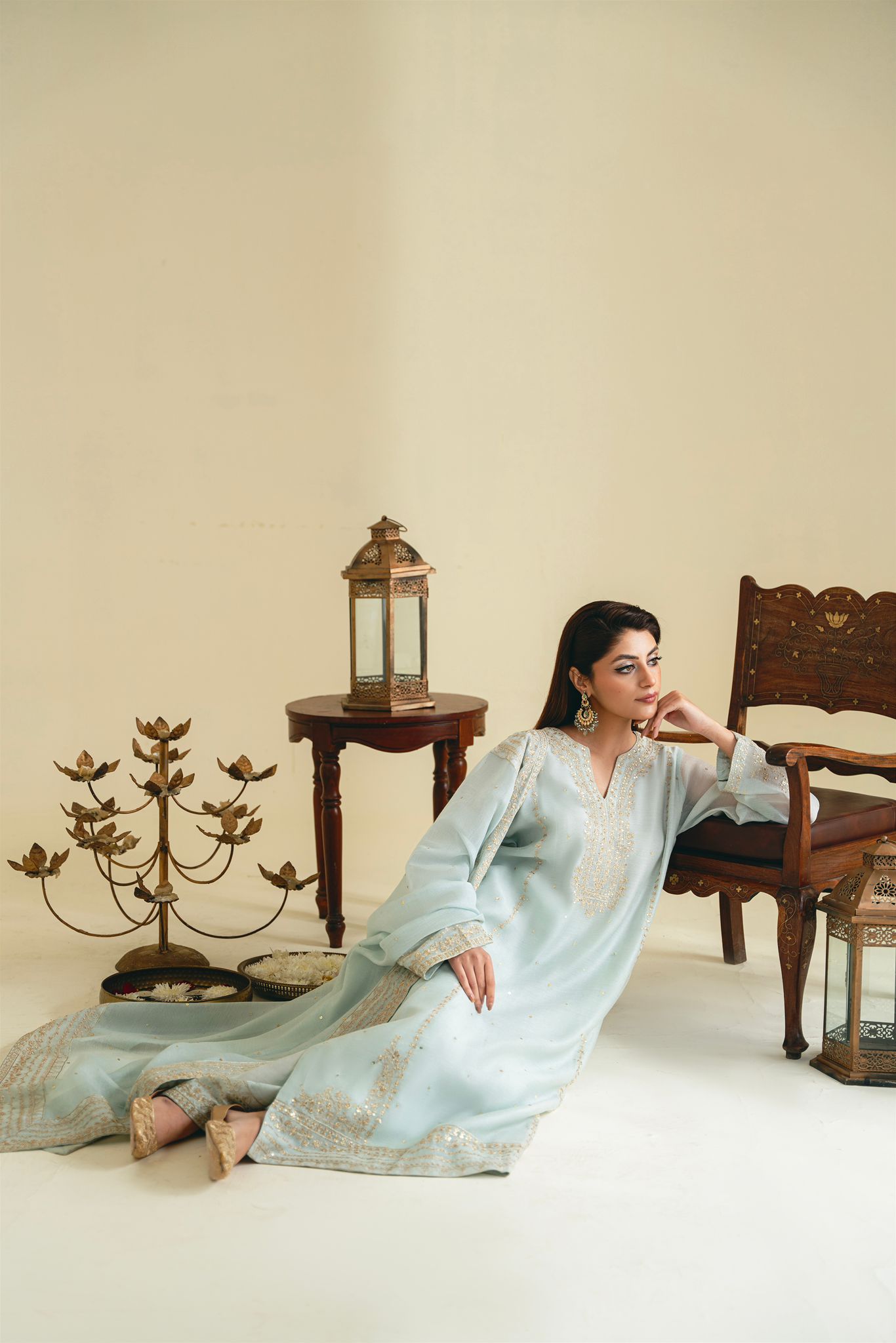 Pastel Blue Zari Embroidered Kameez Set (3-Piece) - Image 2