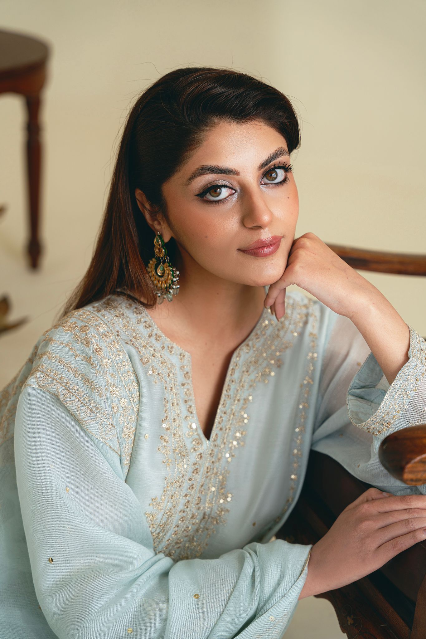 Pastel Blue Zari Embroidered Kameez Set (3-Piece) - Image 3