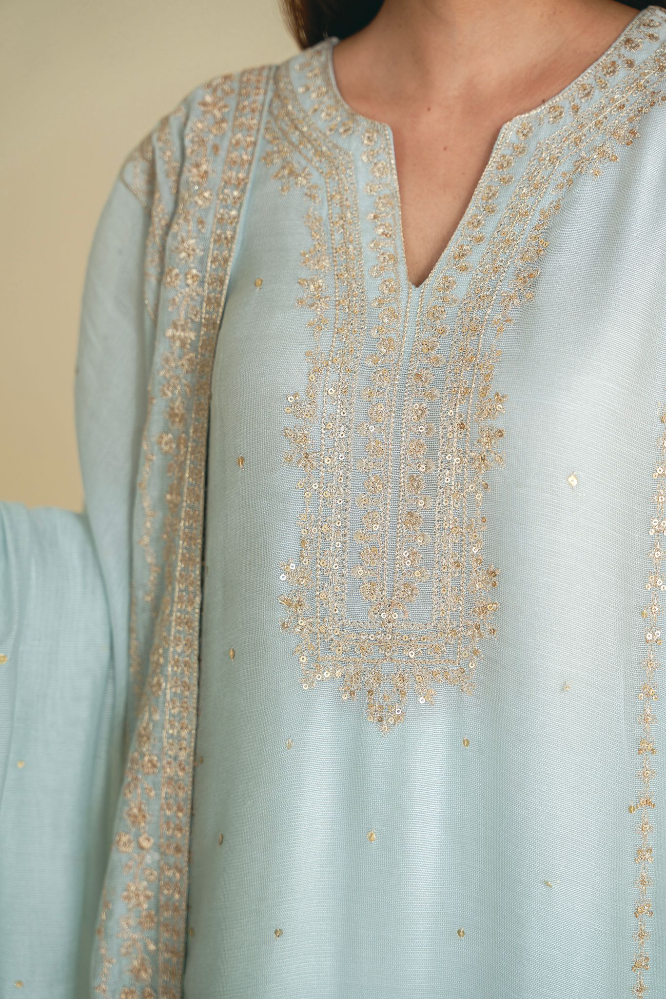 Pastel Blue Zari Embroidered Kameez Set (3-Piece) - Image 5