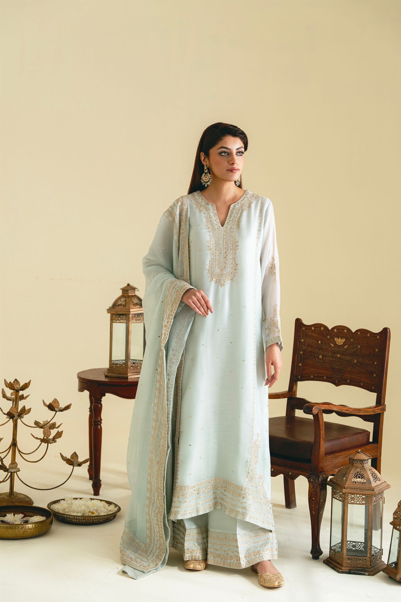 Pastel Blue Zari Embroidered Kameez Set (3-Piece) - Image 6