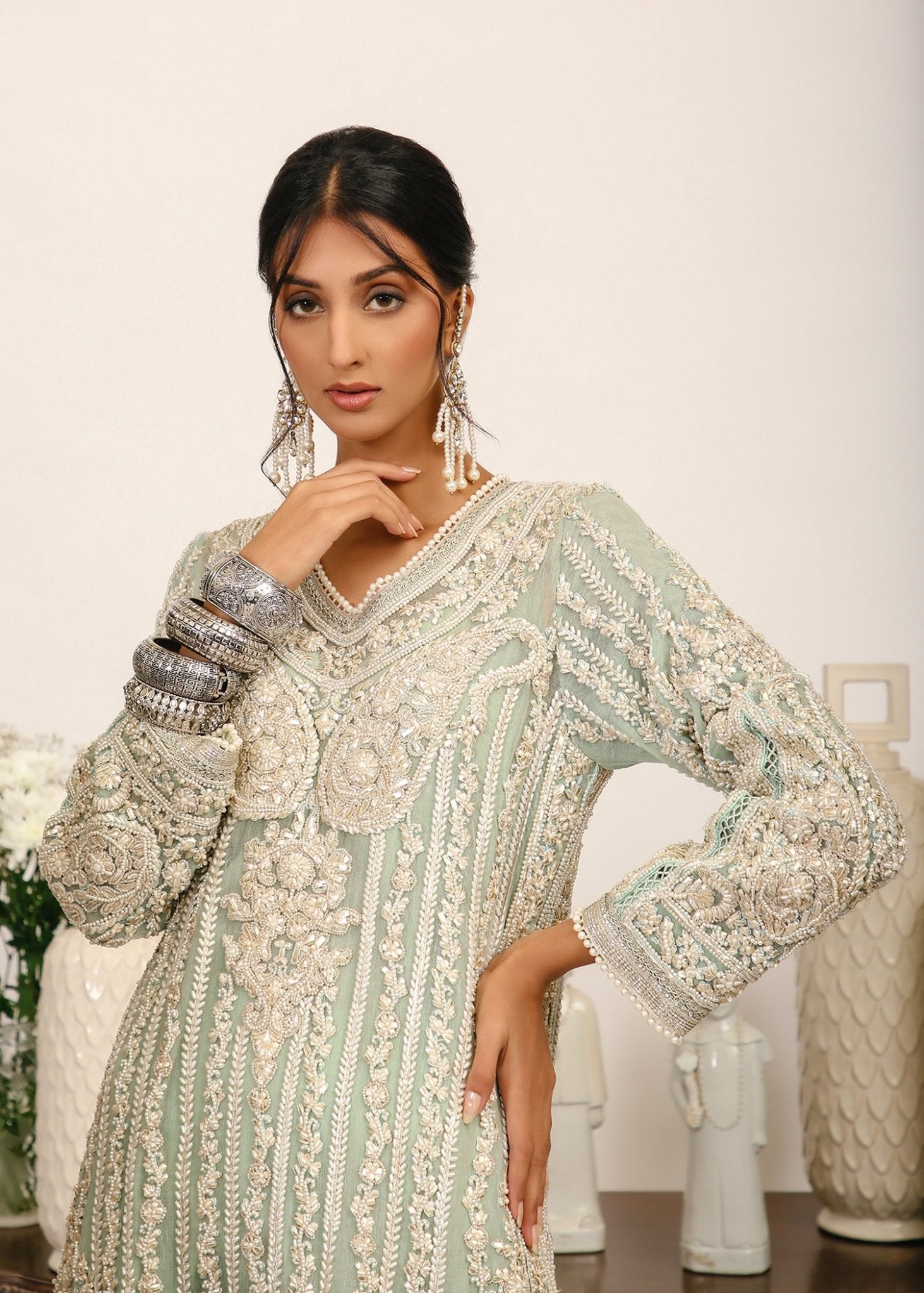 Pakistani Aqua Gota Embroidered Zari Net & Georgette Kurta (3-Piece) - Image 2