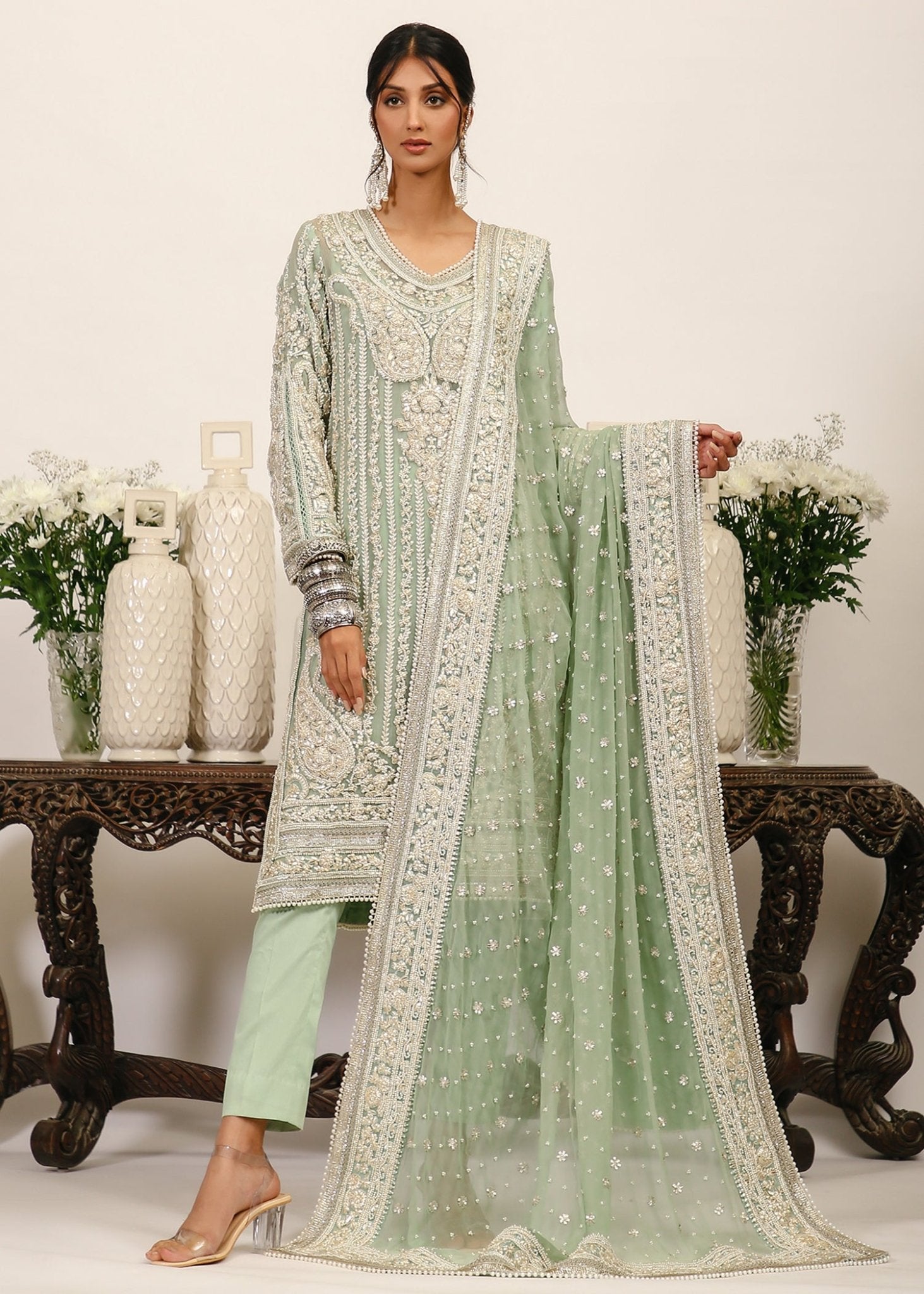 Pakistani Aqua Gota Embroidered Zari Net & Georgette Kurta (3-Piece) - Image 3