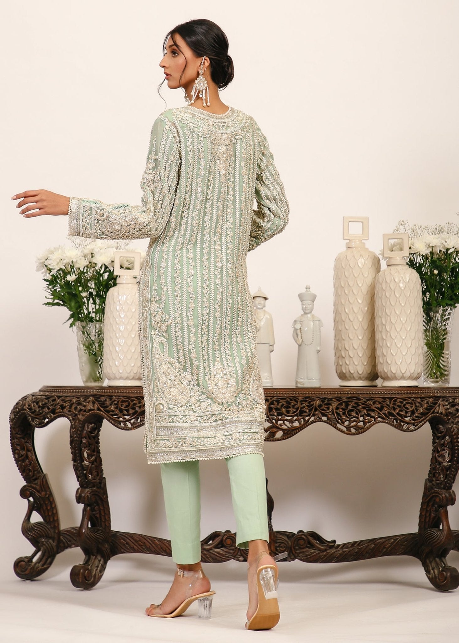 Pakistani Aqua Gota Embroidered Zari Net & Georgette Kurta (3-Piece) - Image 4