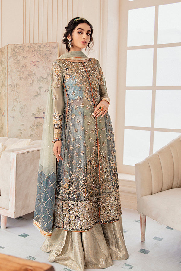 Pakistani Sky Blue Hand-Embellished Zari Net Salwar Kameez (3-Piece) - Image 2