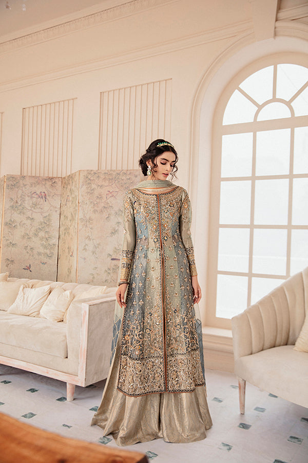 Pakistani Sky Blue Hand-Embellished Zari Net Salwar Kameez (3-Piece) - Image 4