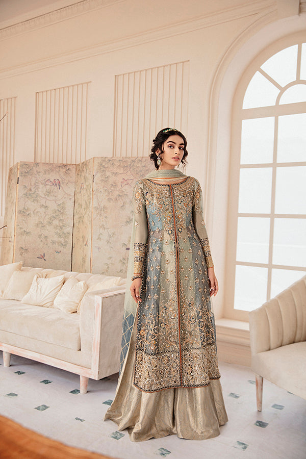 Pakistani Sky Blue Hand-Embellished Zari Net Salwar Kameez (3-Piece) - Image 6