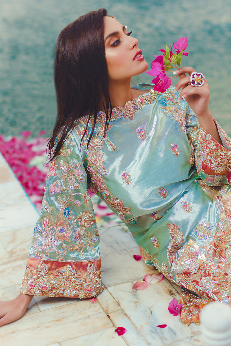 Pakistani Ice Blue Embroidered Zari Net Tissue Salwar Kameez (2-Piece) - Image 1