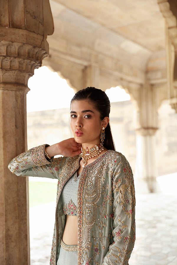 Ice Blue Embroidered Tissue & Zari Silk Jacket (2-Piece) - Image 1