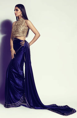 Pakistani Midnight Blue Silk Saree with Gold Cutwork Blouse (2-Piece) - Image 1
