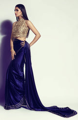 Pakistani Midnight Blue Silk Saree with Gold Cutwork Blouse (2-Piece) - Image 2