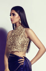 Pakistani Midnight Blue Silk Saree with Gold Cutwork Blouse (2-Piece) - Image 3