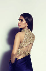 Pakistani Midnight Blue Silk Saree with Gold Cutwork Blouse (2-Piece) - Image 4