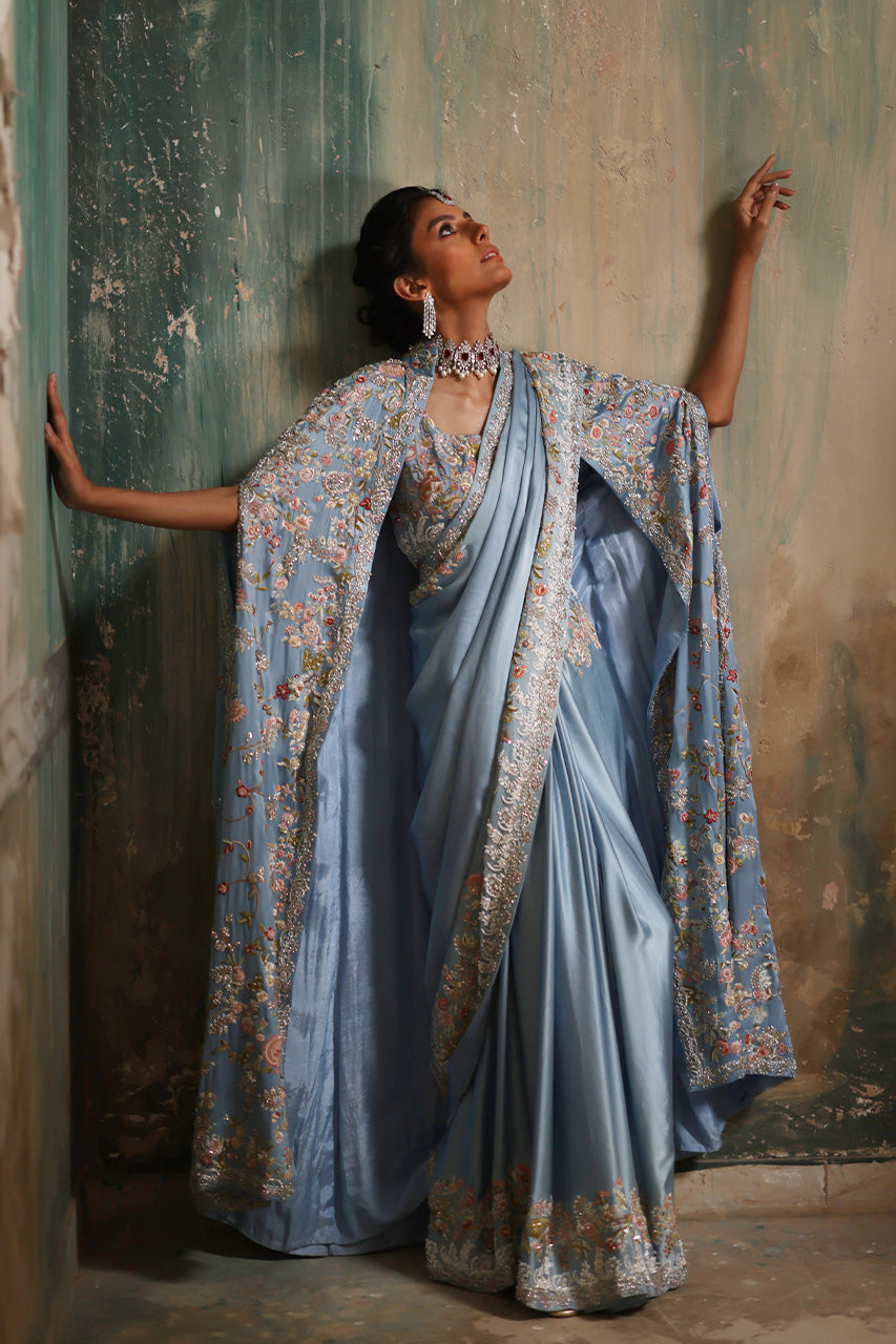 Indian Blue Hand-Embroidered Charmeuse Silk Bridal Saree (3-Piece) - Image 3