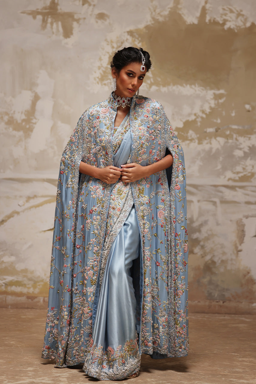 Indian Blue Hand-Embroidered Charmeuse Silk Bridal Saree (3-Piece) - Image 4