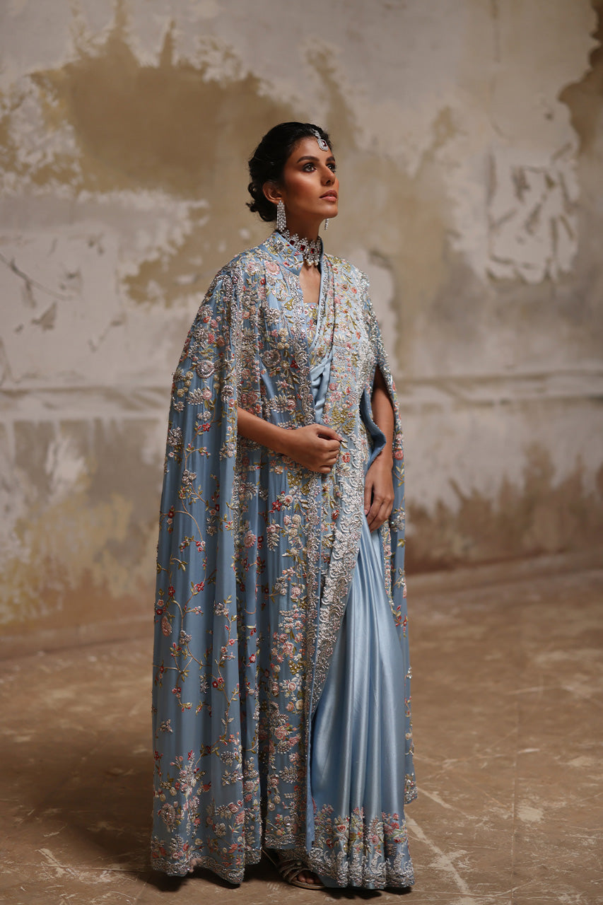 Indian Blue Hand-Embroidered Charmeuse Silk Bridal Saree (3-Piece) - Image 5