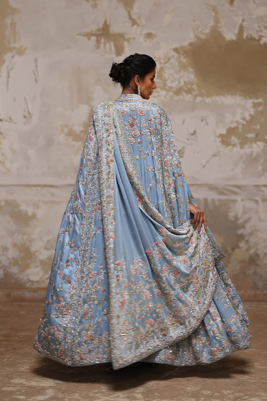 Indian Blue Hand-Embroidered Charmeuse Silk Bridal Saree (3-Piece) - Image 6