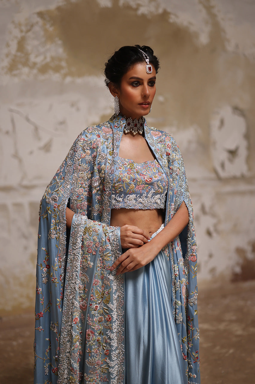 Indian Blue Hand-Embroidered Charmeuse Silk Bridal Saree (3-Piece) - Image 7