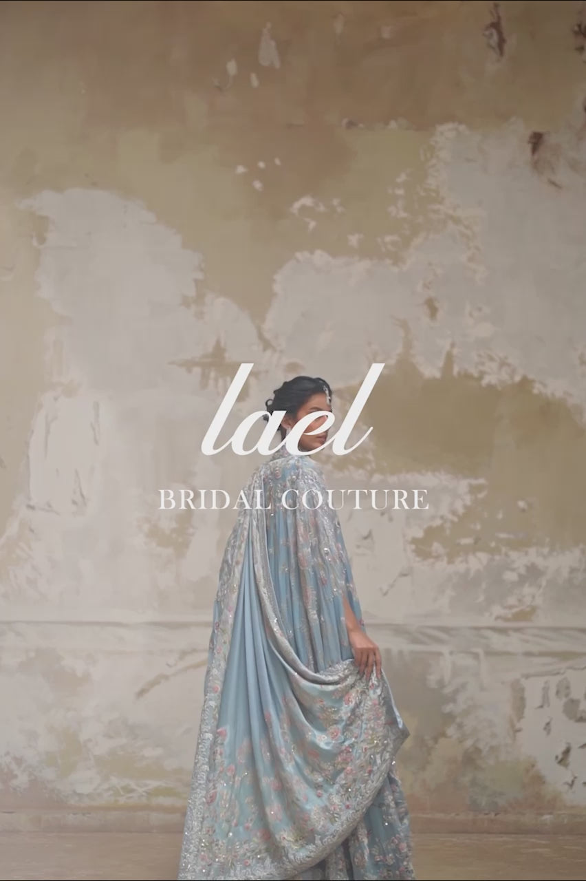 Indian Blue Hand-Embroidered Charmeuse Silk Bridal Saree (3-Piece) - Image 8