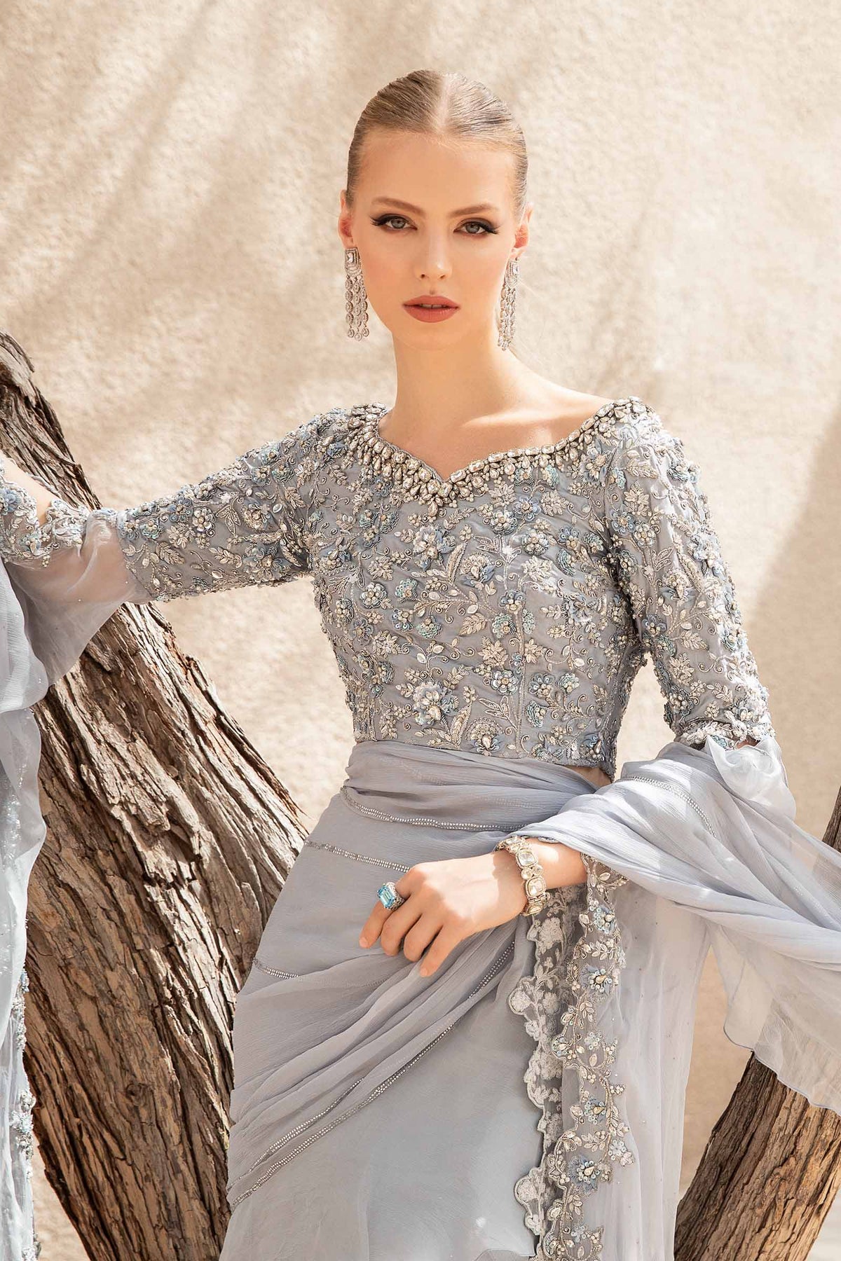 Ice Blue Embellished Pure Chiffon Saree (2-Piece) - Image 4