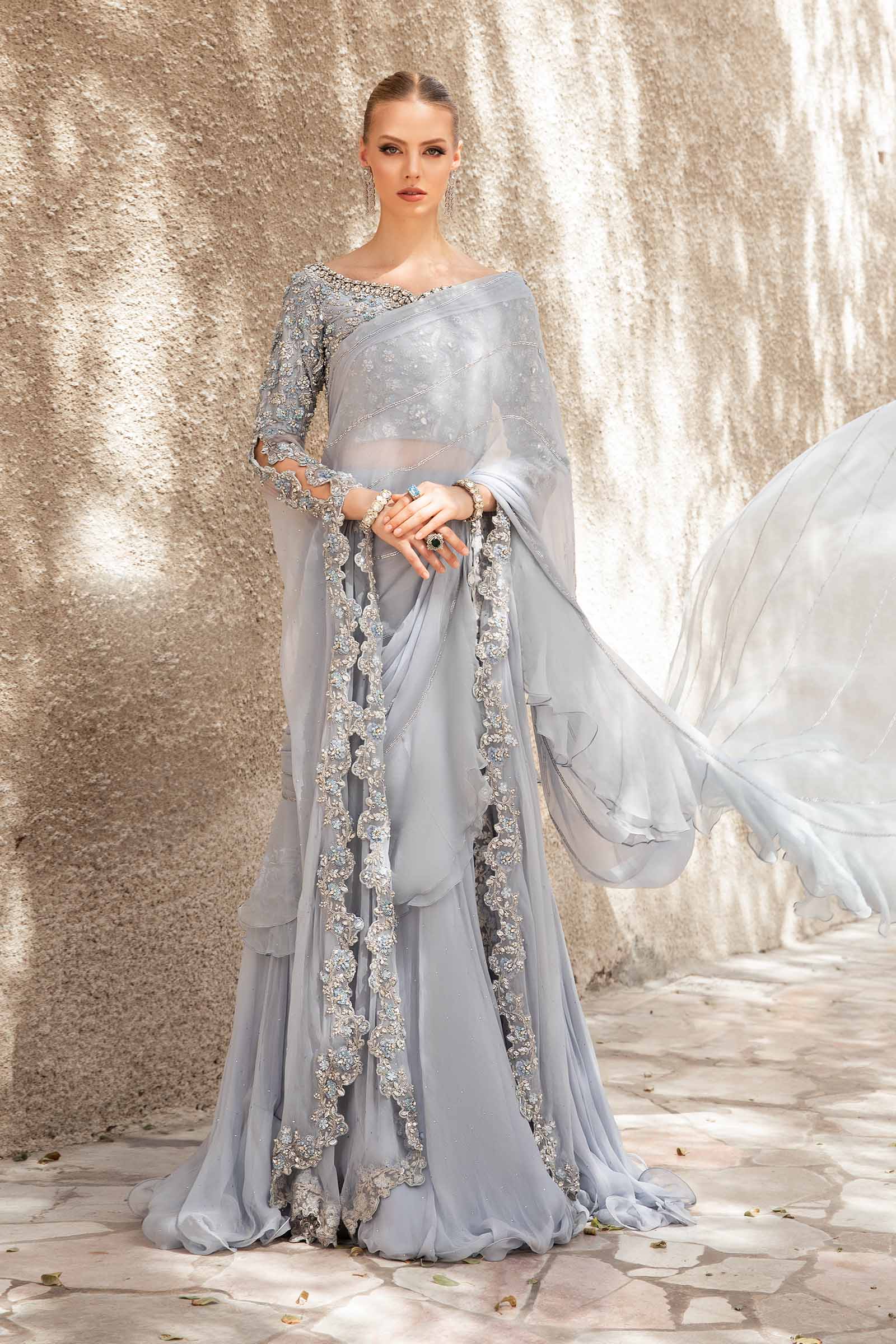 Ice Blue Embellished Pure Chiffon Saree (2-Piece) - Image 5