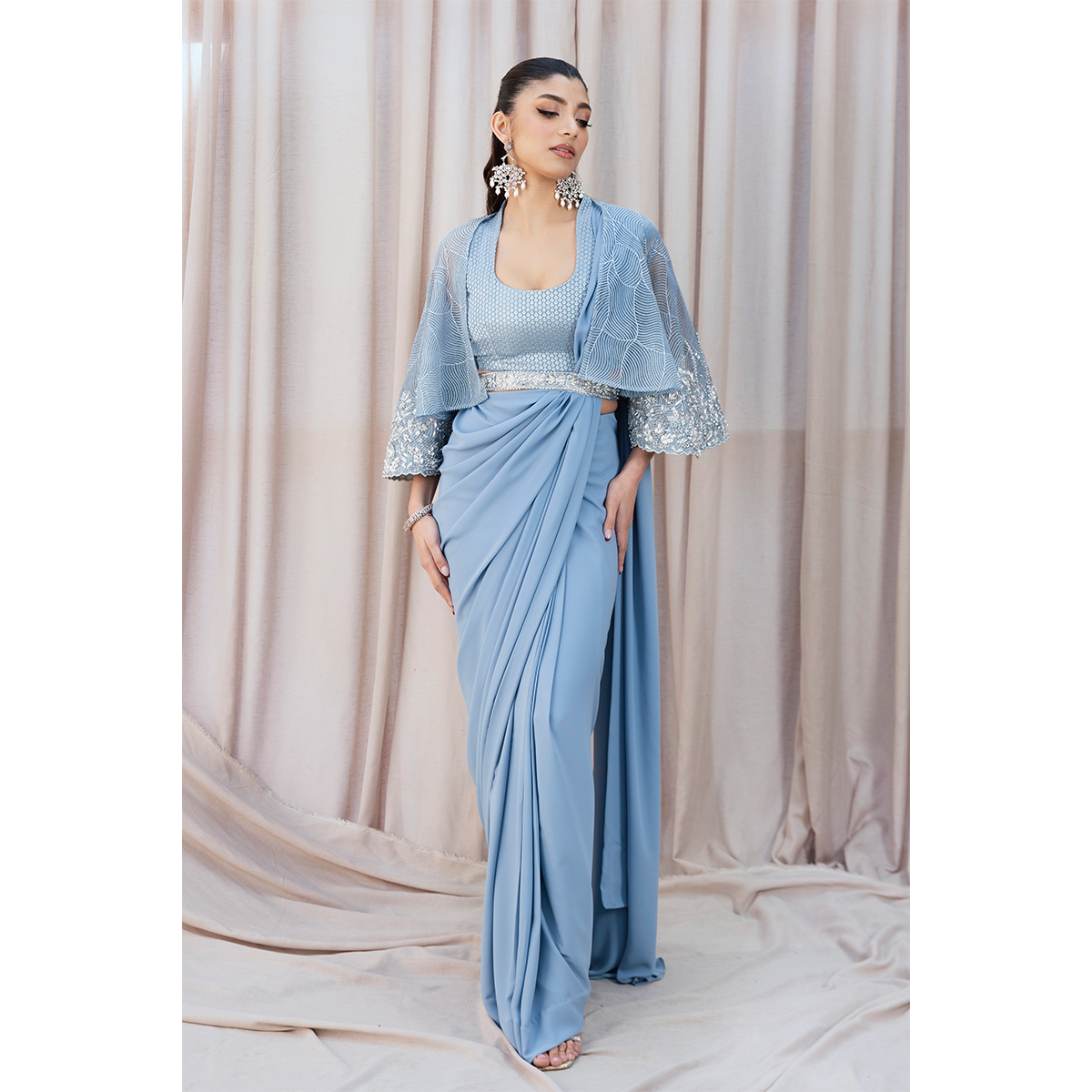 Sky Blue Hand-Embellished Double Crepe Fusion Saree (3-Piece) - Image 1