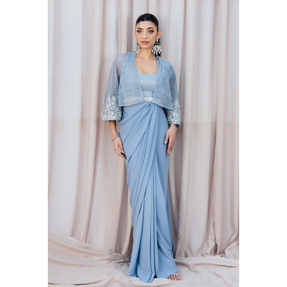 Sky Blue Hand-Embellished Double Crepe Fusion Saree (3-Piece) - Image 2