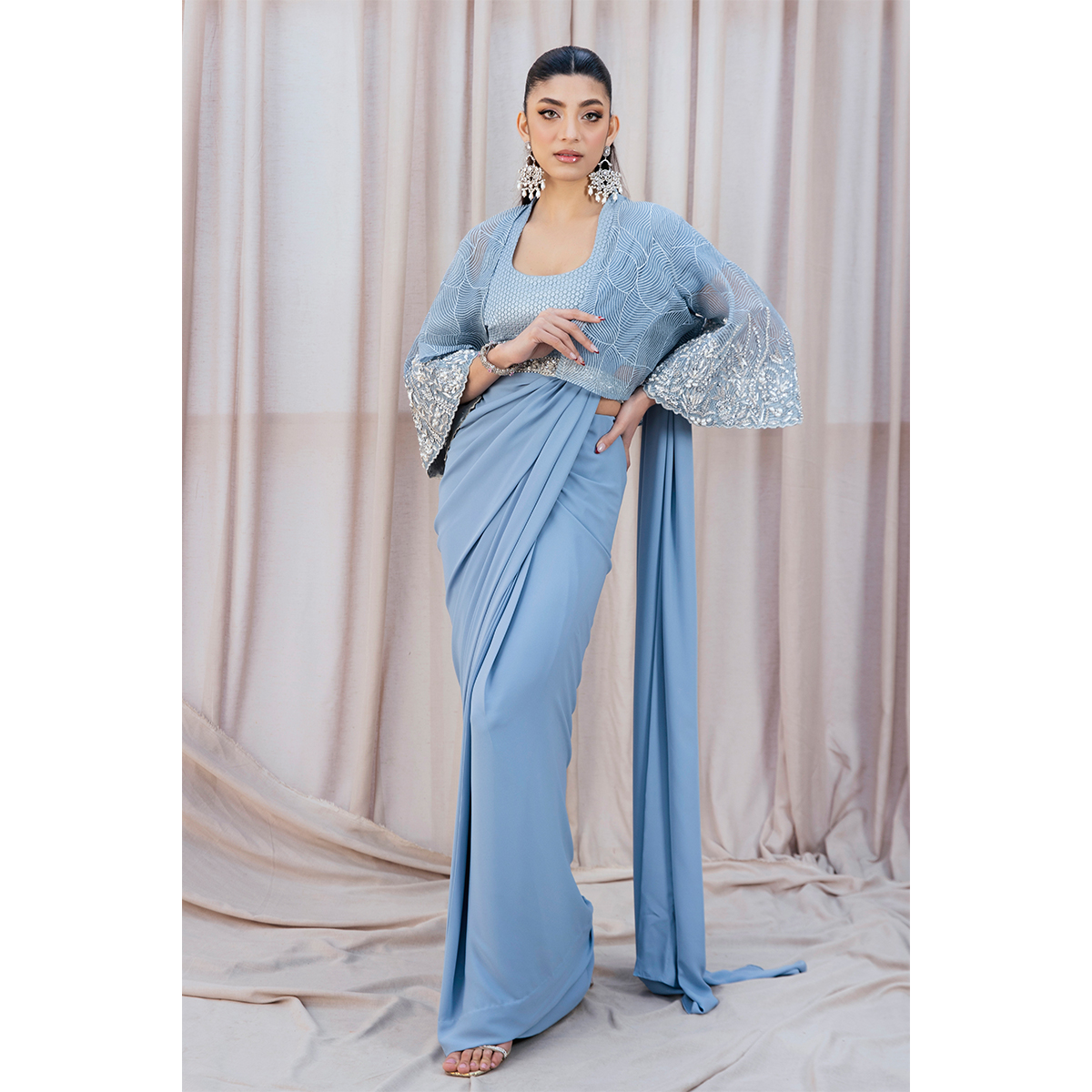 Sky Blue Hand-Embellished Double Crepe Fusion Saree (3-Piece) - Image 3
