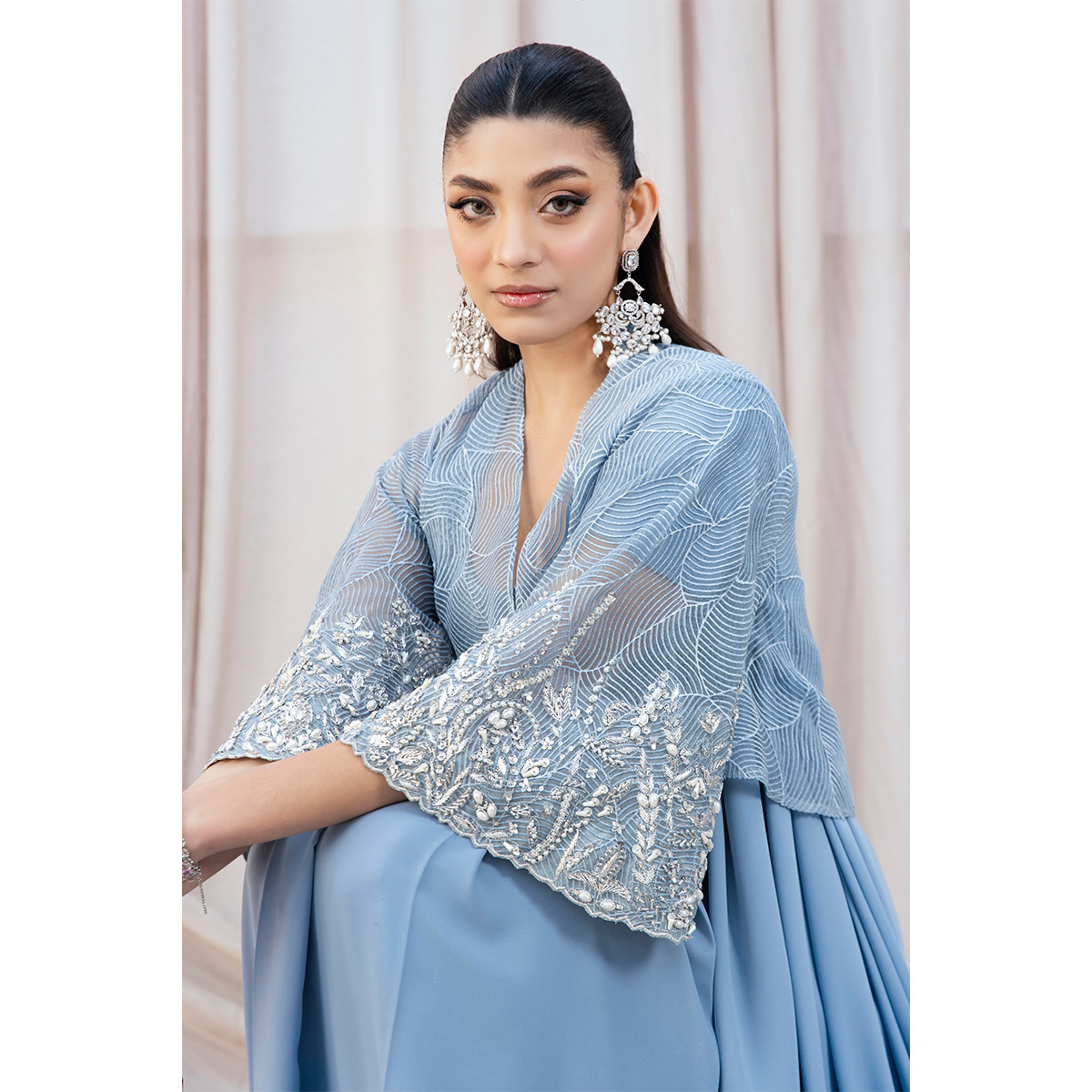 Sky Blue Hand-Embellished Double Crepe Fusion Saree (3-Piece) - Image 5