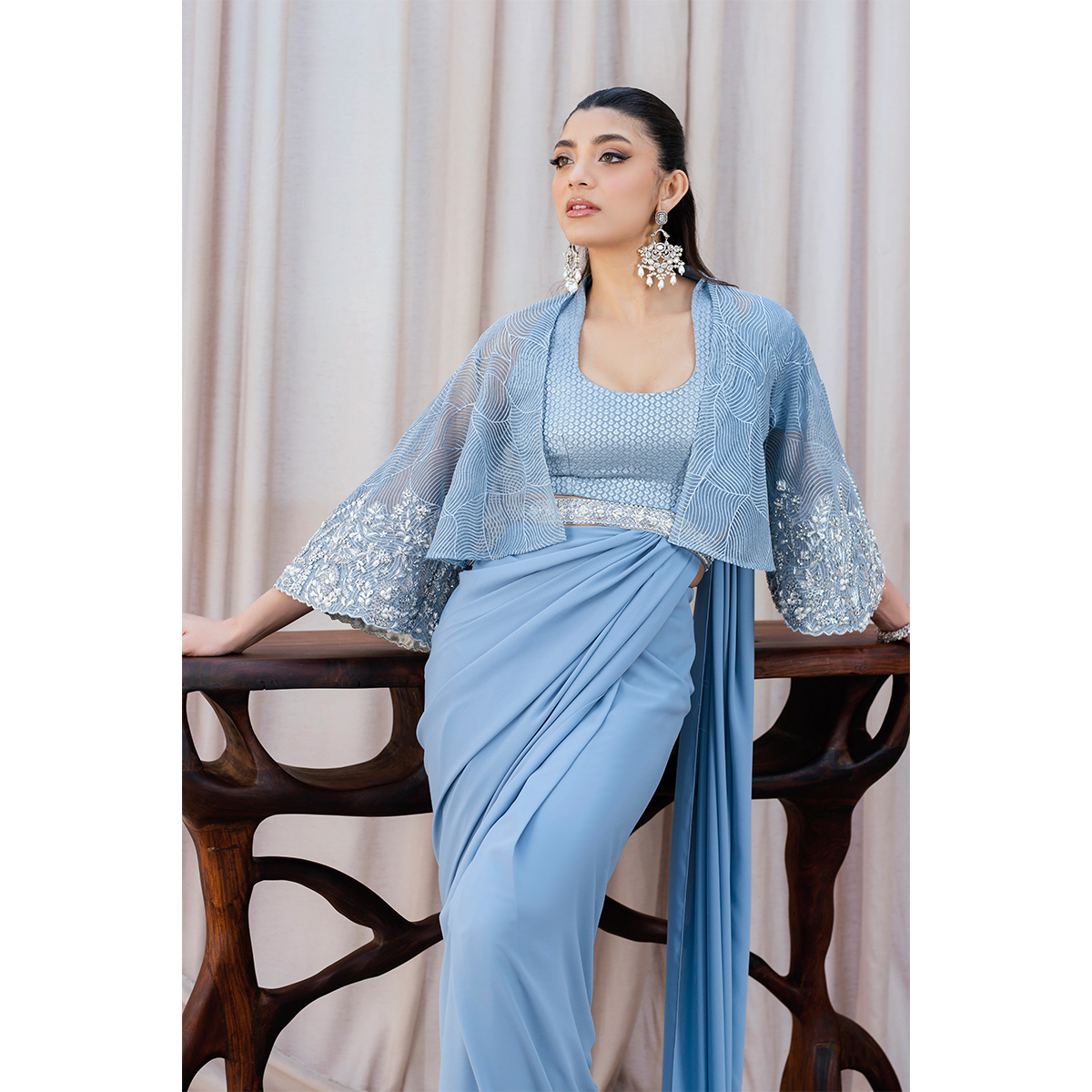 Sky Blue Hand-Embellished Double Crepe Fusion Saree (3-Piece) - Image 6