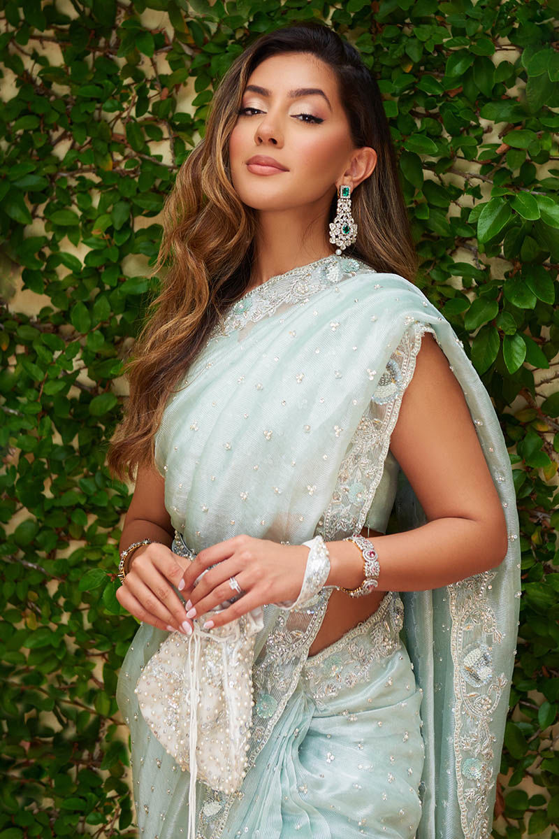 Pakistani Ice Blue Embellished Georgette Saree (2-Piece) - Image 2
