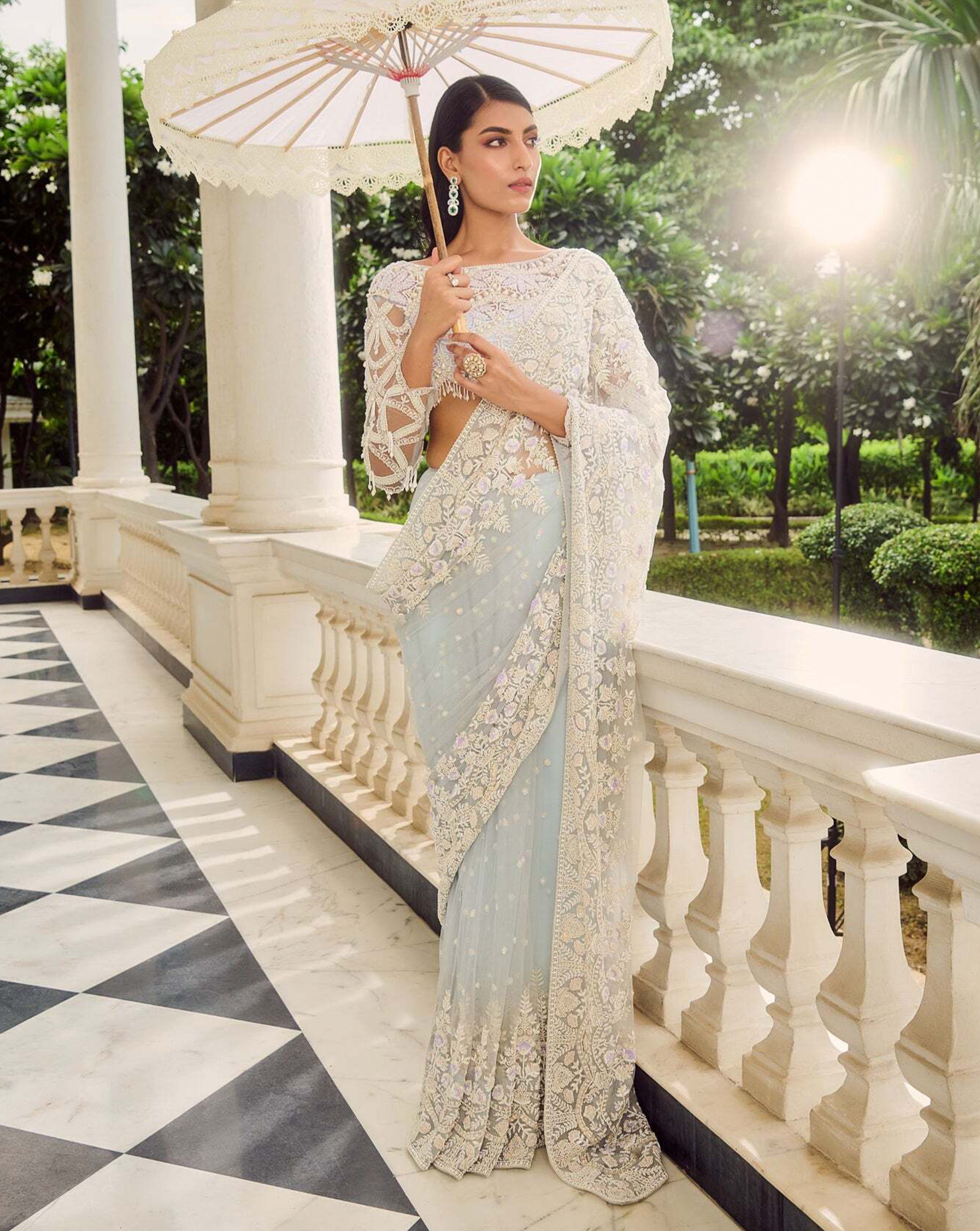 Soft Blue Pearl-Embroidered Georgette Saree (2-Piece) - Image 1