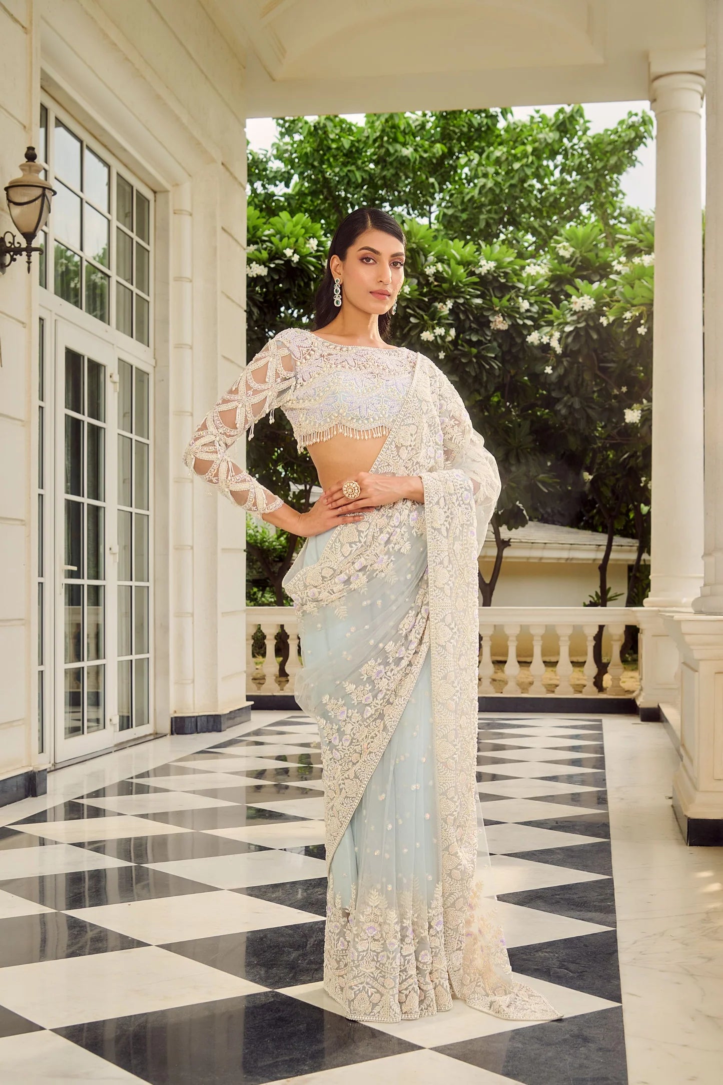 Soft Blue Pearl-Embroidered Georgette Saree (2-Piece) - Image 3