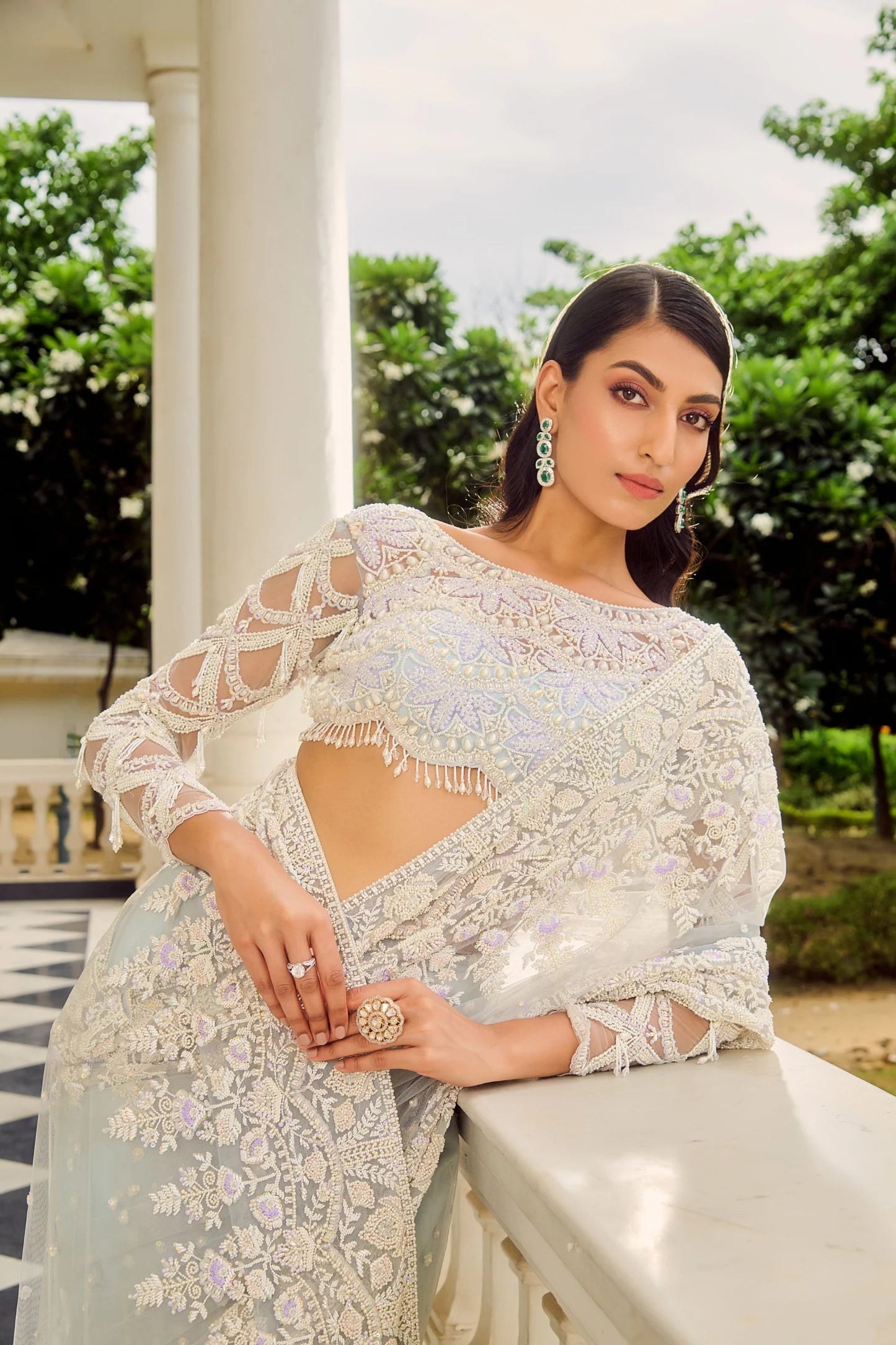 Soft Blue Pearl-Embroidered Georgette Saree (2-Piece) - Image 4